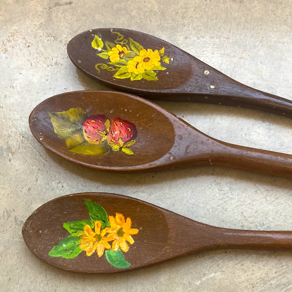 Hand-Painted Wooden Spoons Set - Brown with Floral Designs